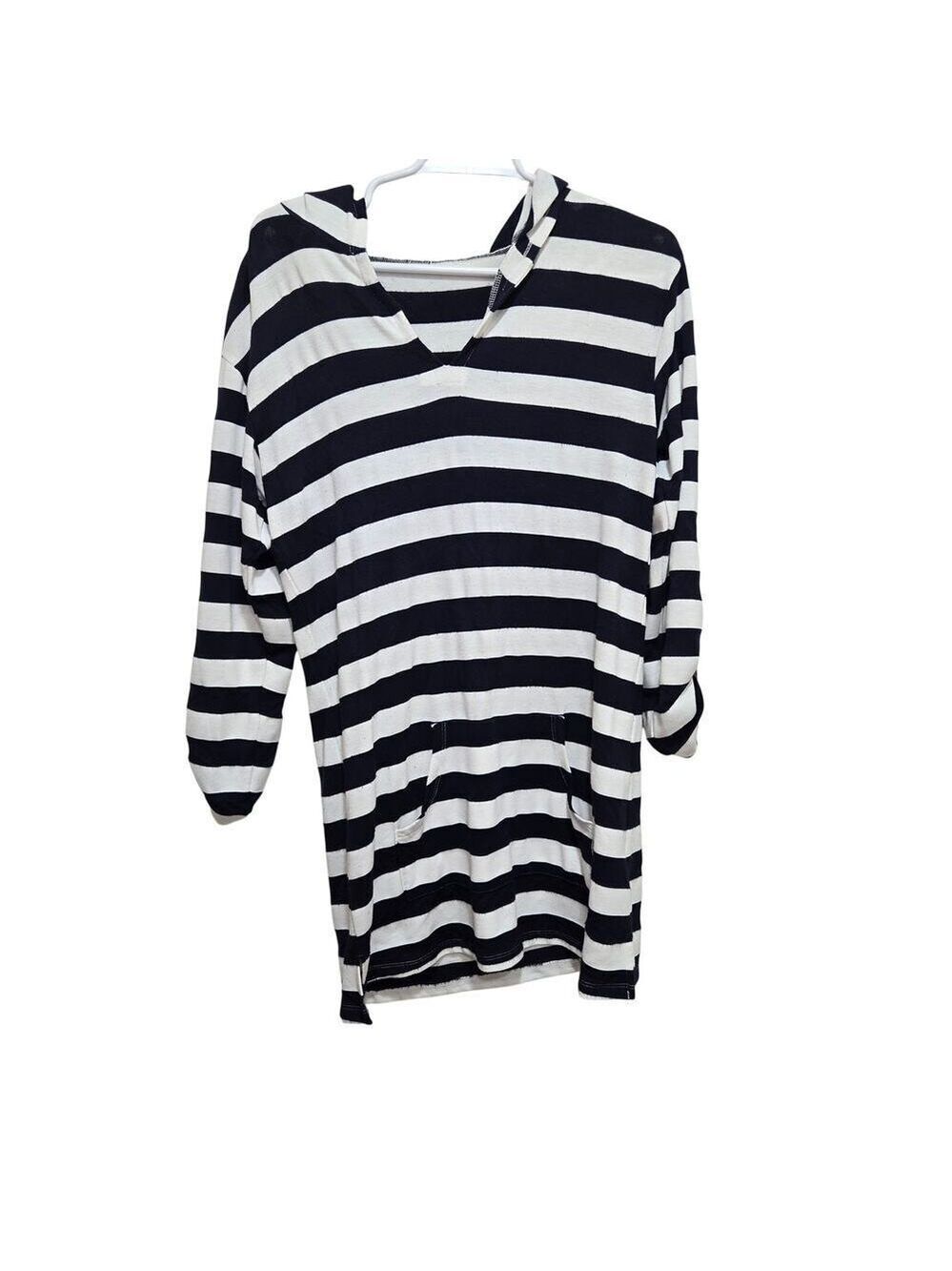 Akini Striped Hooded Tunic Top Roll Tab Sleeves Small